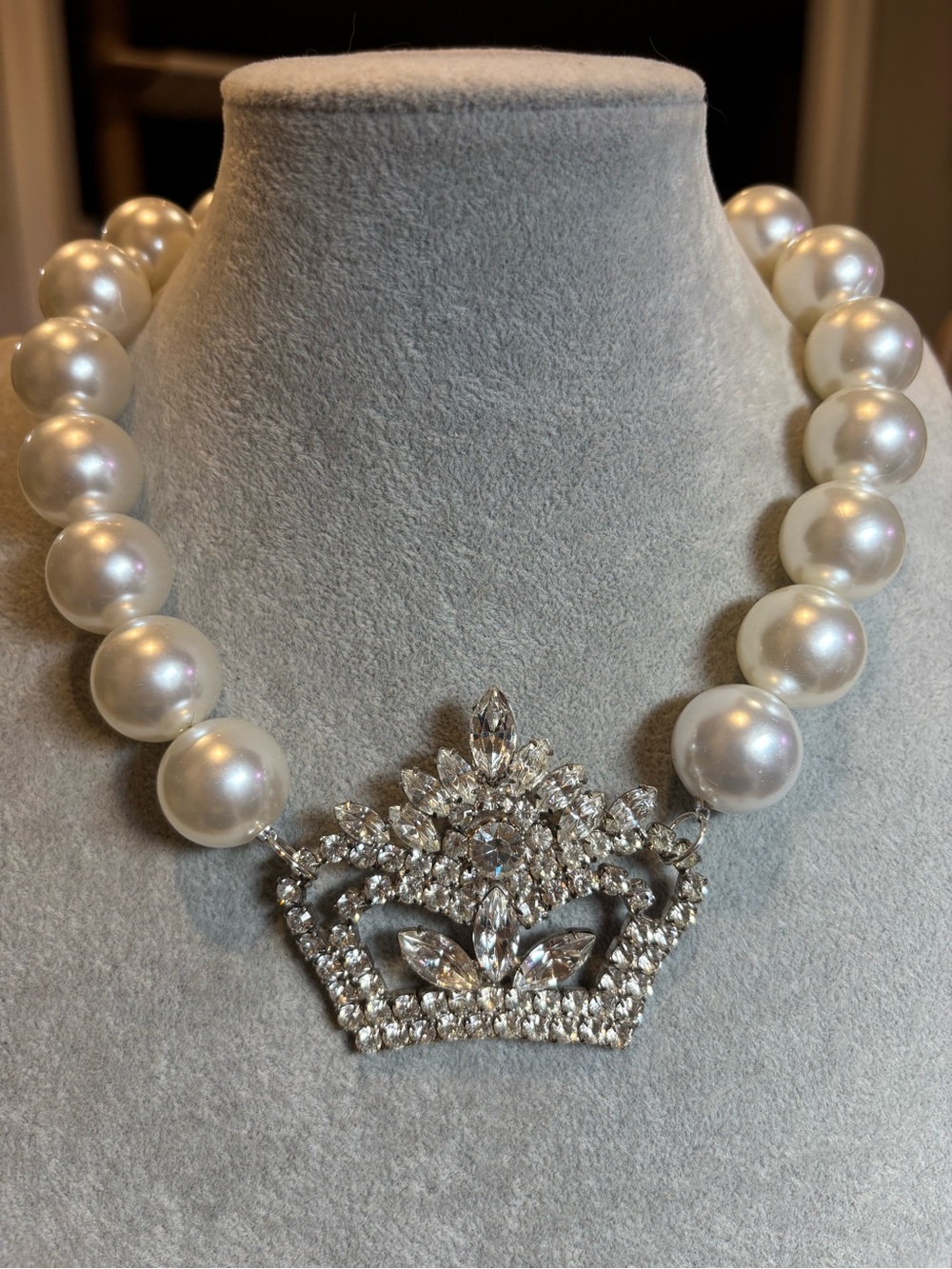 Elegant Pearl Necklace with vintage repurposed Crystal Crown brooch pendant!